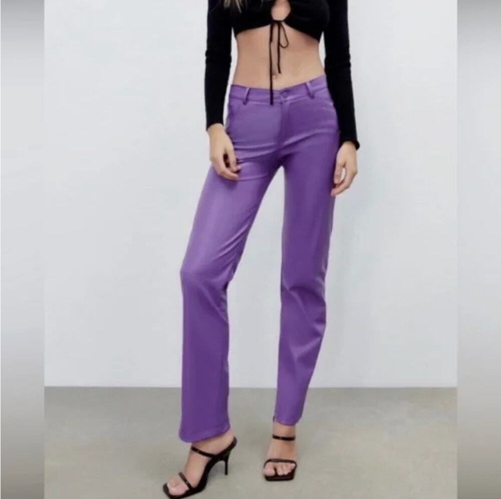 Zara Purple Faux Leather Pants Straight Leg Size M Vegan Leather Trousers